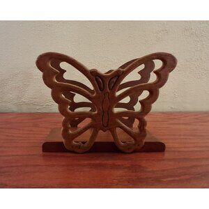 Butterfly Letter Holder  Brown Carved Wood Vintage 1970s Farmhouse Boho